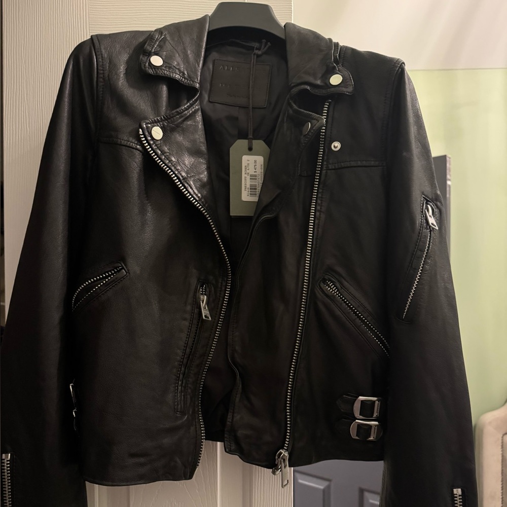 All Saints Prescott Black Leather Biker Jacket Size 2 Brand New